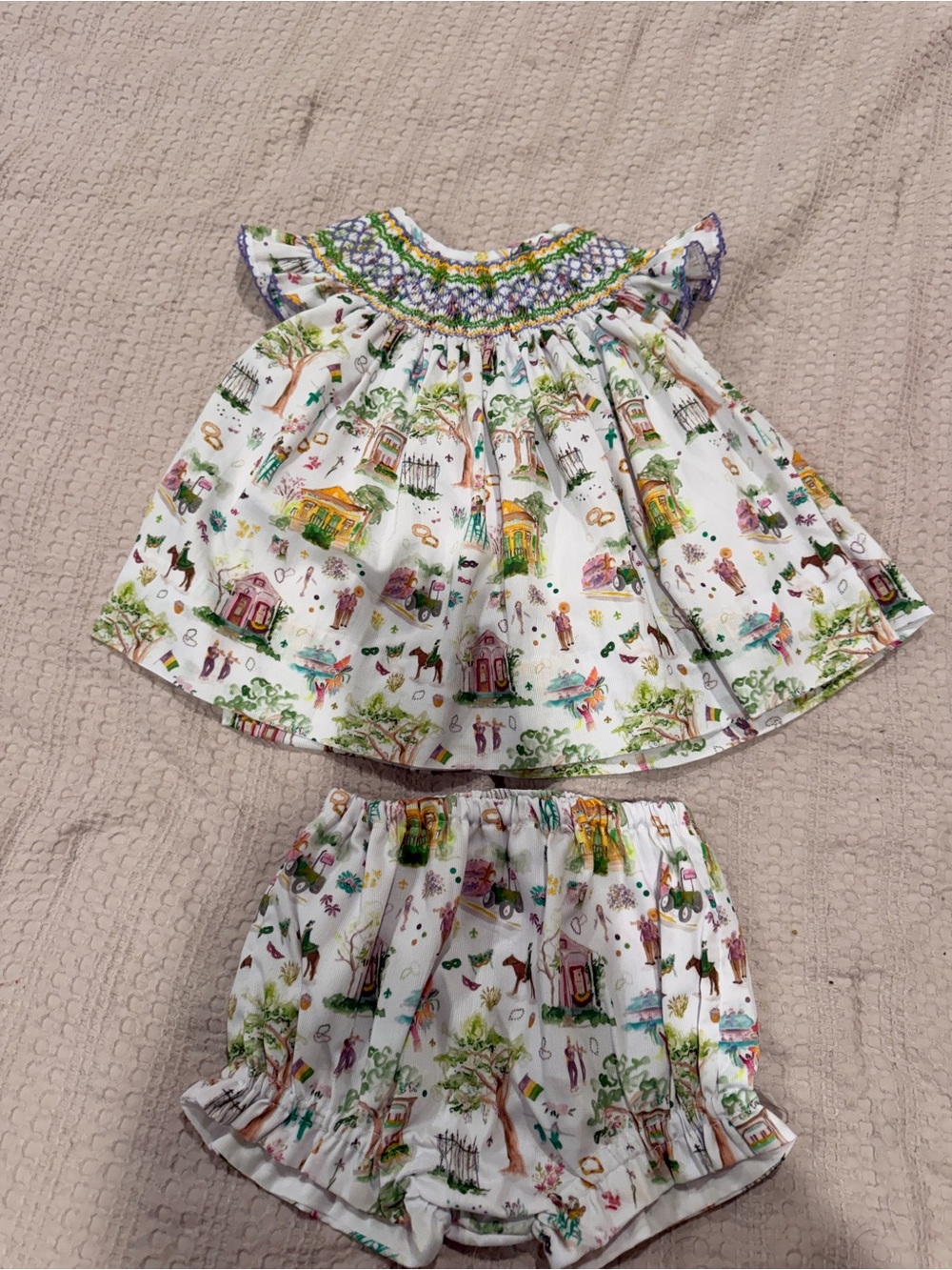 Smocked White Mardi Gras Scenic toddler Dress & Shorts Set